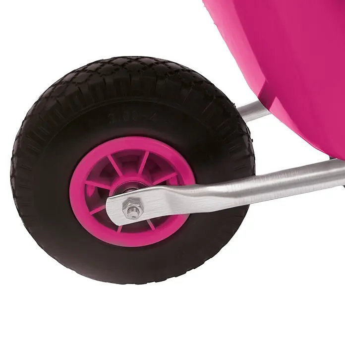 Kinder-Schubkarre - Pink, 20 l, Material Wanne: Kunststoff - Schwarzes Gummirad mit pinker Kunststofffelge und silberner Metallachse.