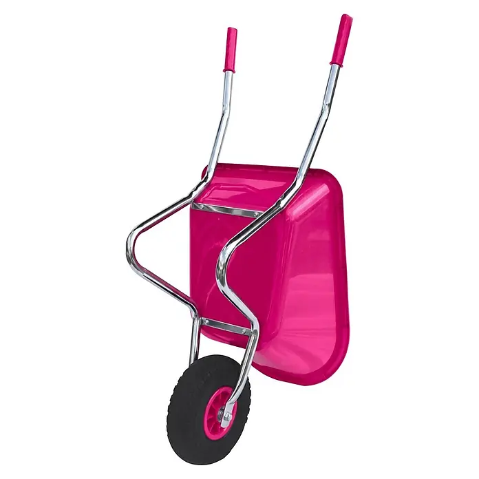 Kinder-Schubkarre - Pink, 20 l, Material Wanne: Kunststoff - Rosa Kunststoff-Schubkarre mit silbernem Metallrahmen und schwarzem Reifen.