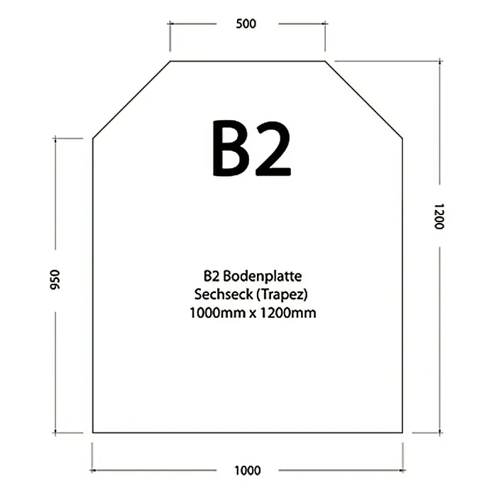 Funkenschutzplatte - 120 x 100 cm, Schwarz, Stahl, Sechseckig - Abbildung einer B2 Bodenplatte Sechseck (Trapez) mit den Maßen 1000mm x 1200mm.