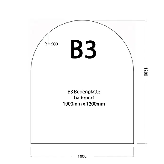 Funkenschutzplatte - 120 x 100 cm, Gussgrau, Stahl - Technische Zeichnung einer B3 Bodenplatte, halbrunde Form, 1000mm x 1200mm, Radius 500.