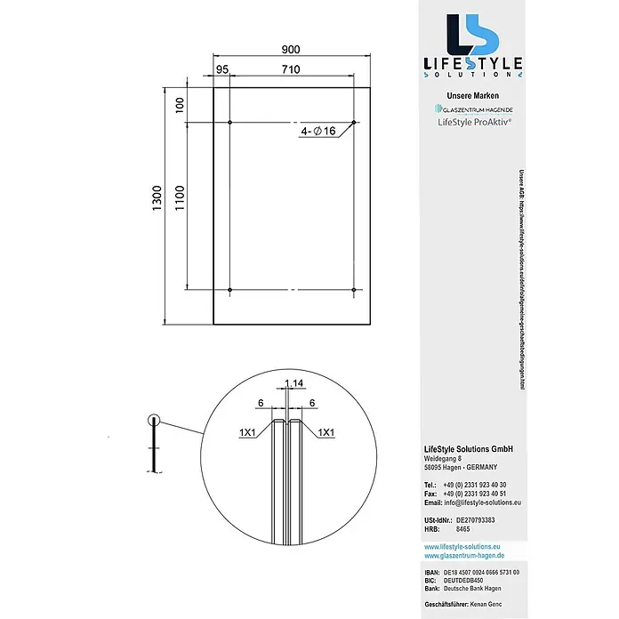 Glasvordach BK Halter 130x90 cm  S-Form -  - Technische Zeichnung einer rechteckigen Glasscheibe (900x1300mm) mit Bohrlöchern (4xØ16mm) und Querschnittdetails.