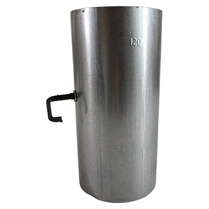 Bertrams Ofenrohr - Ø x L: 120 x 250 mm, Wandstärke: 0,6 mm, Feueraluminiert, Mit Drosselklappe - Silberner Kerzenbehälter mit Griff und einer Markierung mit der Zahl 120 zur Herstellung von Kerzen.