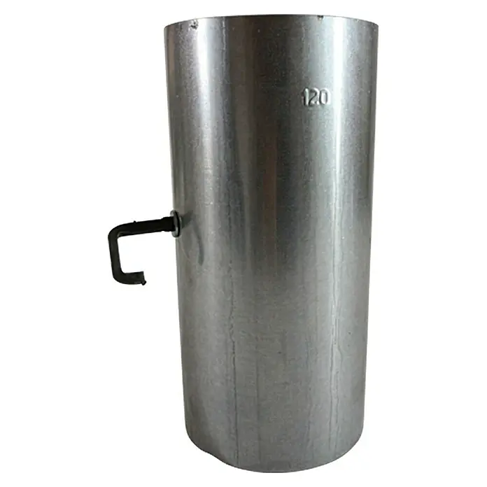 OfenrohrØ x L: 120 x 250 mm, Wandstärke: 0,6 mm, Feueraluminiert, Mit Sperrer - Silberner Kerzenbehälter mit Griff und einer Markierung mit der Zahl 120 zur Herstellung von Kerzen.