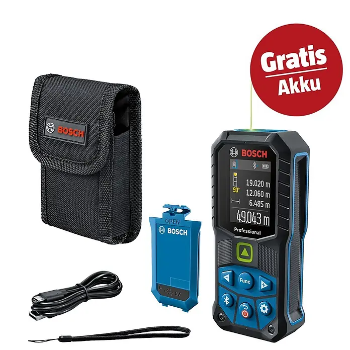 Bosch Professional Laserentfernungsmesser GLM 50-27 CG - Anzahl Akkus: 1 Akku, Messbereich: 0,05 - 50 m - Bosch Lasermessgerät mit Digitalanzeige, schwarzer Tragetasche, blauem Akkupack, USB-Kabel und Handschlaufe.