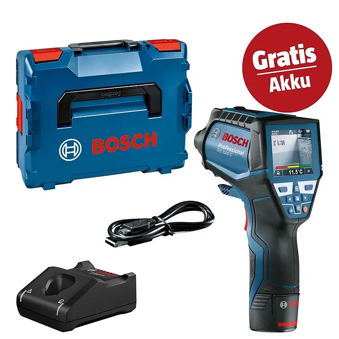 Bosch Professional Thermodetektor GIS 1000 C - 1 Akku, Messbereich Temperatur: -40 °C - 1.000 °C - Blaues Bosch GIS 1000 C Wärmebildkamera-Kit mit Koffer, Ladegerät und Kabel. Inklusive gratis Akku.