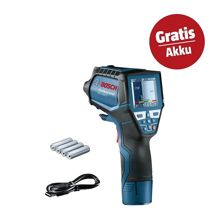 Bosch Professional Thermodetektor GIS 1000 C - Ohne Akku, Messbereich Temperatur: -40 °C - 1.000 °C - Bosch Professional GIS 1000 C Wärmebildkamera in Blau-Schwarz mit USB-Kabel und AAA-Batterien. Inklusive "Gratis Akku" Hinweis.