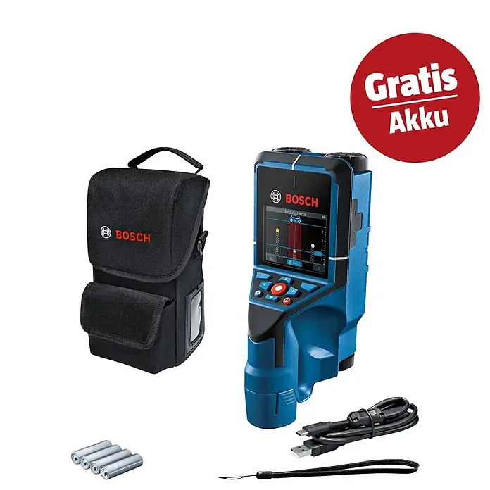 Bosch Professional Ortungsgerät D-tect 200 C - Ohne Akku, Arbeitsbereich: 200 mm - Blauer/schwarzer Bosch Ortungsscanner mit Display, schwarzer Tragetasche, USB-C-Kabel, Batterien und Handschlaufe. Mit rotem 'Gratis Akku'-Abzeichen.