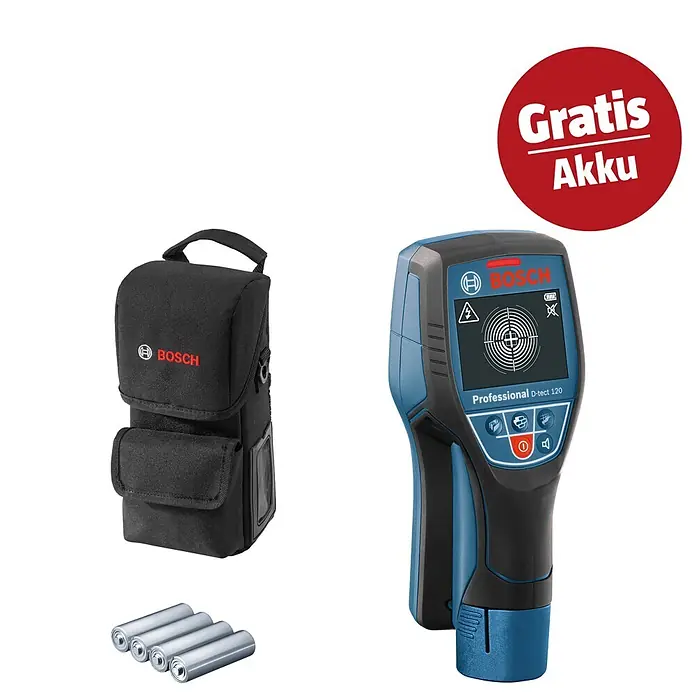 Bosch Professional Ortungsgerät D-Tect 120 - Ohne Akku, Erfassungstiefe: Max. 38 mm Holzunterkonstruktionen - Bosch Professional D-tect 120 Detektor (blau/schwarz), schwarze Tragetasche & 4 Batterien. Inklusive rotem "Gratis Akku" Bonus.