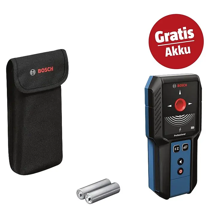 Bosch Professional Ortungsgerät GMS 120-27 - Erfassungstiefe: Max. 120 mm NE-Metalle - Bosch Professional blau-schwarzes Ortungsgerät mit schwarzer Tragetasche und zwei Batterien. Roter Aufkleber: 'Gratis Akku' Aktion.