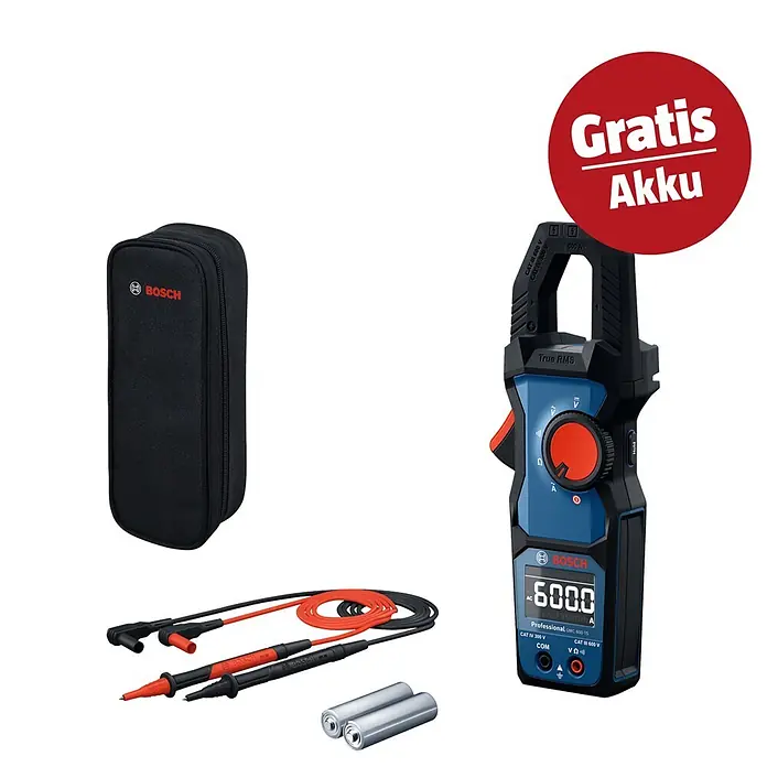 Bosch Professional Stromzange GMC 600-15 - 600 V, Blau, Schwarz - Bosch blau/schwarzes Zangenmessgerät, Messleitungen, Tasche, Batterien. Kostenloser Akku enthalten.