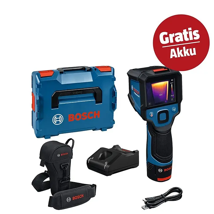 Bosch Professional Wärmebildkamera GTC 12V-450-13 - -20 °C - 450 °C - Bosch Wärmebildkamera-Set mit blauem L-Boxx, Ladegerät, Tragetasche und USB-Kabel, inklusive "Gratis Akku"-Badge.