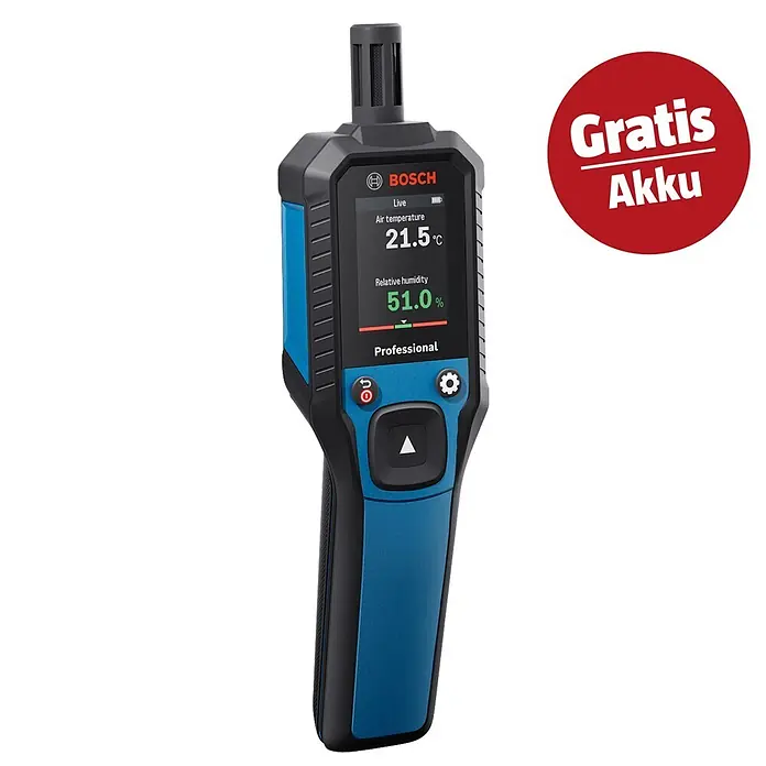 Bosch Feuchtigkeitsmessgerät GMP 2-15 - Messgenauigkeit: Umgebungstemperatur typisch: +/- 1 °C, Mit Batterien - Blaues und schwarzes Bosch Temperatur- und Feuchtigkeitsmessgerät mit Display und "Gratis Akku" Aufkleber.