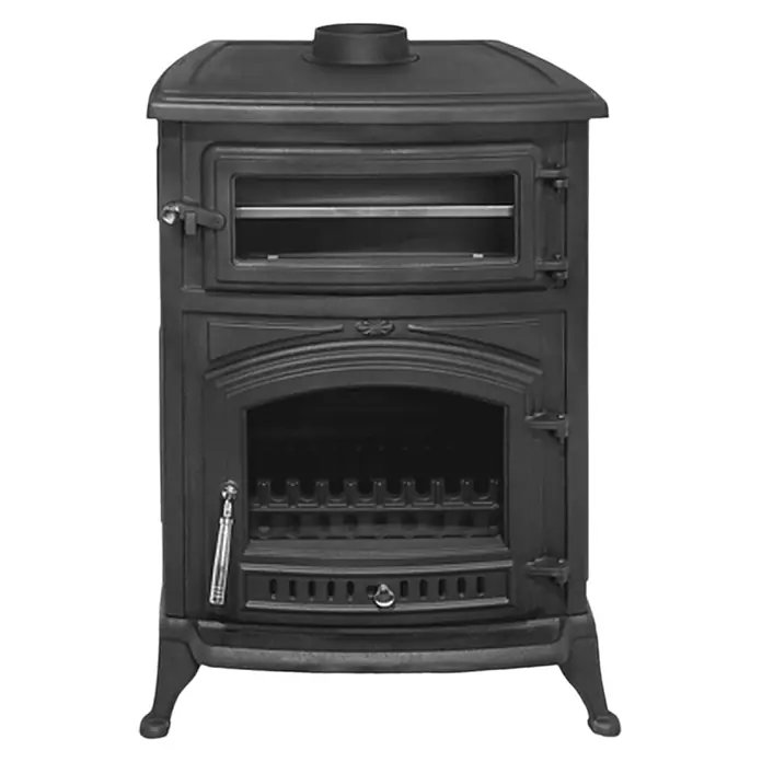 Estufa de leña con horno Antares - 12,7 kW - 16,28 kW, Volumen de calefacción: 305 m³, Antracita - Estufa de leña de hierro fundido negra con compartimento de horno superior y hogar inferior.