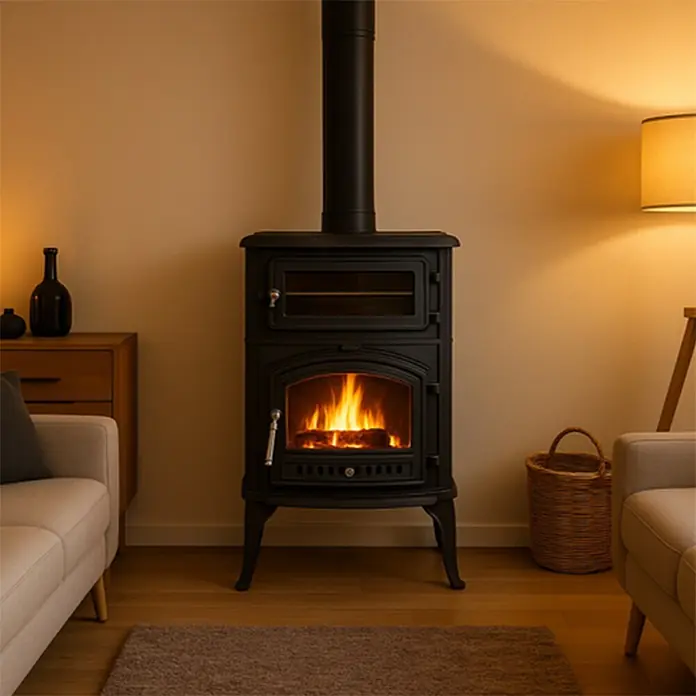 Estufa de leña con horno Antares - 12,7 kW - 16,28 kW, Volumen de calefacción: 305 m³, Antracita - Estufa de leña de metal negra con fuego vivo en un acogedor salón.