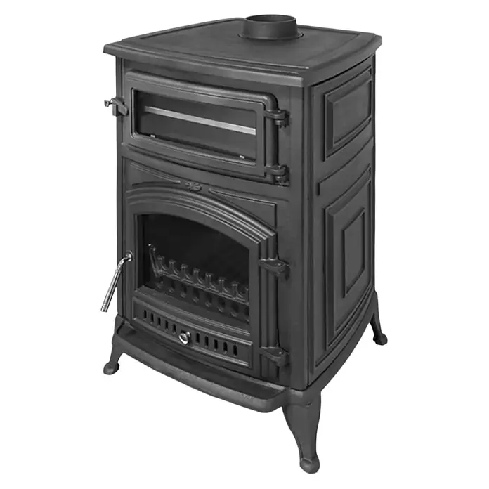 Estufa de leña con horno Antares - 12,7 kW - 16,28 kW, Volumen de calefacción: 305 m³, Antracita - Estufa de leña de hierro fundido negro con ventana de cristal, paneles decorativos y diseño clásico.