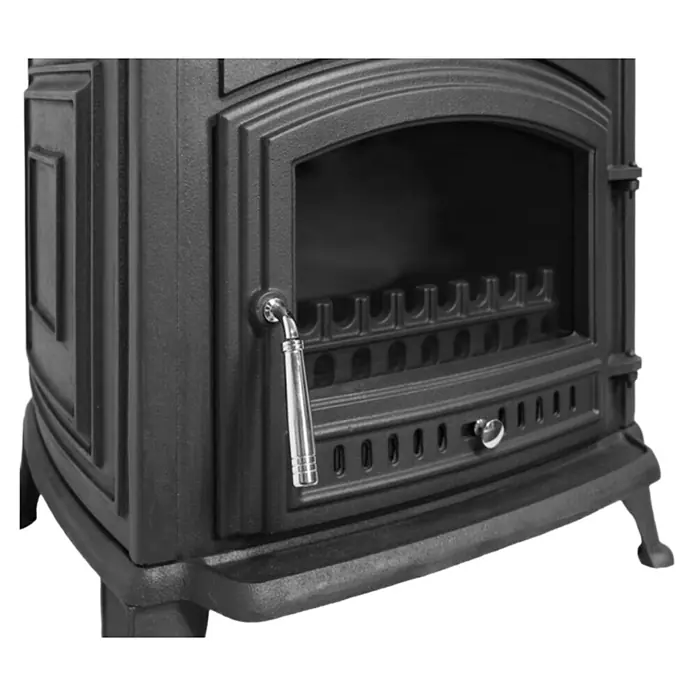Estufa de leña con horno Antares - 12,7 kW - 16,28 kW, Volumen de calefacción: 305 m³, Antracita - Una estufa de leña de hierro fundido gris oscuro con puerta de cristal, asa y rejillas internas.
