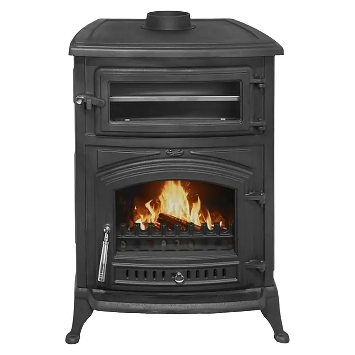 Estufa de leña con horno Antares - 12,7 kW - 16,28 kW, Volumen de calefacción: 305 m³, Antracita - Estufa de leña de hierro fundido negro con compartimento superior de horno y hogar inferior mostrando troncos ardiendo.