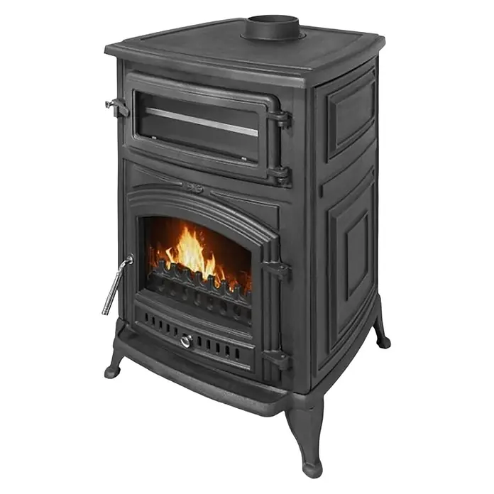 Estufa de leña con horno Antares - 12,7 kW - 16,28 kW, Volumen de calefacción: 305 m³, Antracita - Estufa de leña de hierro fundido negro con llamas visibles en el hogar inferior, con ventana superior y salida de chimenea.