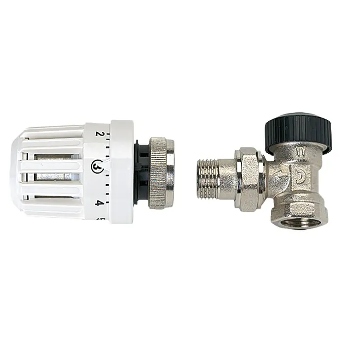 Admiral Válvula termostática para radiador - ½″, Válvula angular - Primer plano de un termostato de radiador y una válvula, que aún no están conectados entre sí.