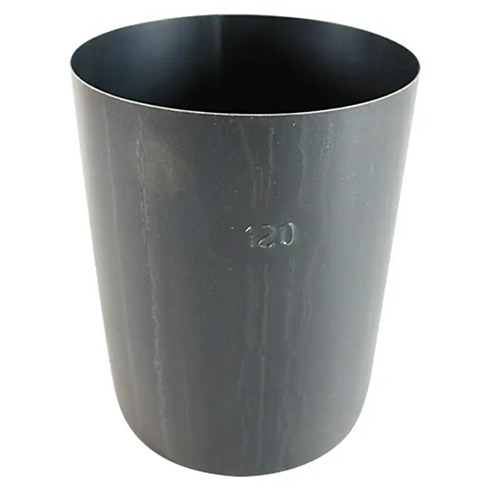Ofenrohr - Ø x L: 120 x 150 mm, Wandstärke: 0,6 mm, Schwarz - Grauer Kunststoffbecher mit der Aufschrift "120", ideal für Bürobedarf oder zur Aufbewahrung von kleinen Gegenständen. Robust und vielseitig einsetzbar.