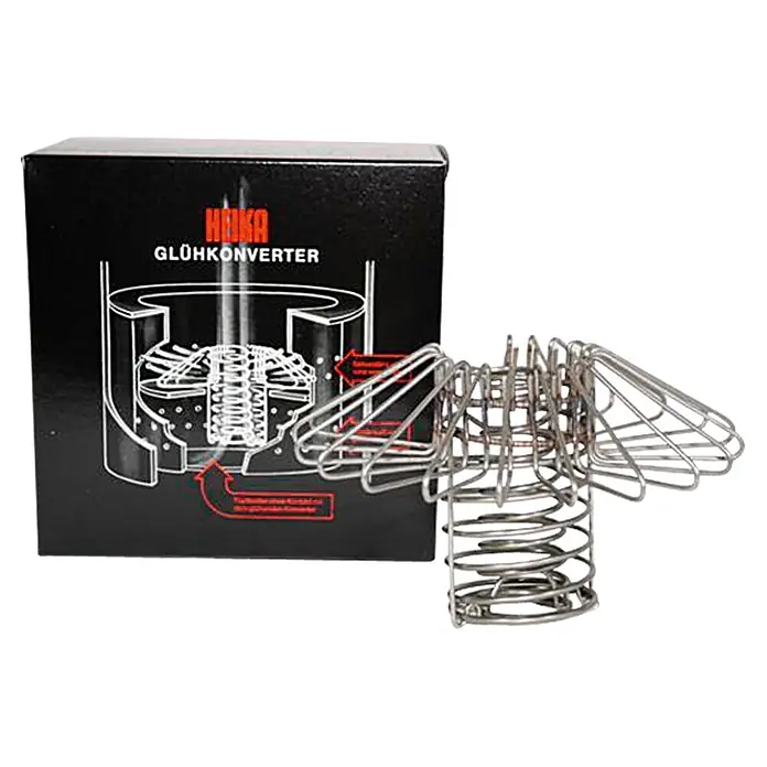 Glühkonverter - Stahl, Höhe: 16 cm - Produktbild eines Hoka Glühkonverters in Metall mit der dazugehörigen Verpackung.