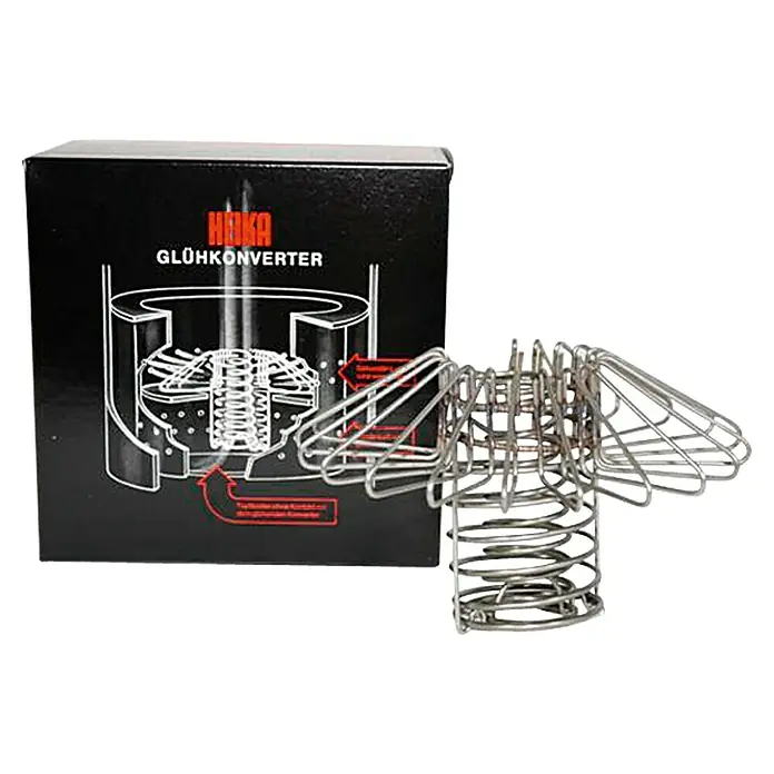 Glühkonverter - Stahl, Höhe: 16 cm - Produktbild eines Hoka Glühkonverters in Metall mit der dazugehörigen Verpackung.