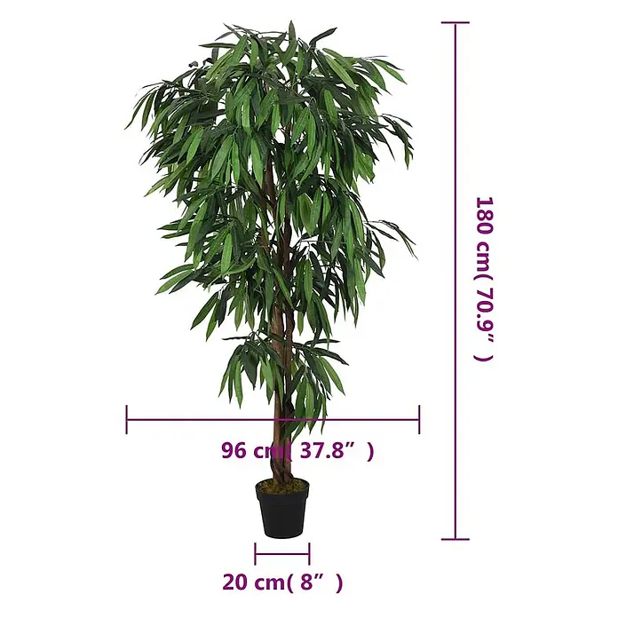 vidaXL Mangobaum Künstlich 900 Blätter 180 cm Grün -  - Große Kunstpflanze mit grünen Blättern und braunem Stamm in schwarzem Topf, 180 cm hoch und 96 cm breit.