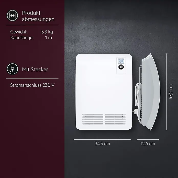 AEG Heizlüfter Bad VH Comfort Wandmontage - 2.000 W, Alpinweiß, IP24 - Weißes Wand-Heizgerät mit Digitalanzeige, zeigt seine Abmessungen: 47 cm Höhe, 34,5 cm Breite und 12,6 cm Tiefe.