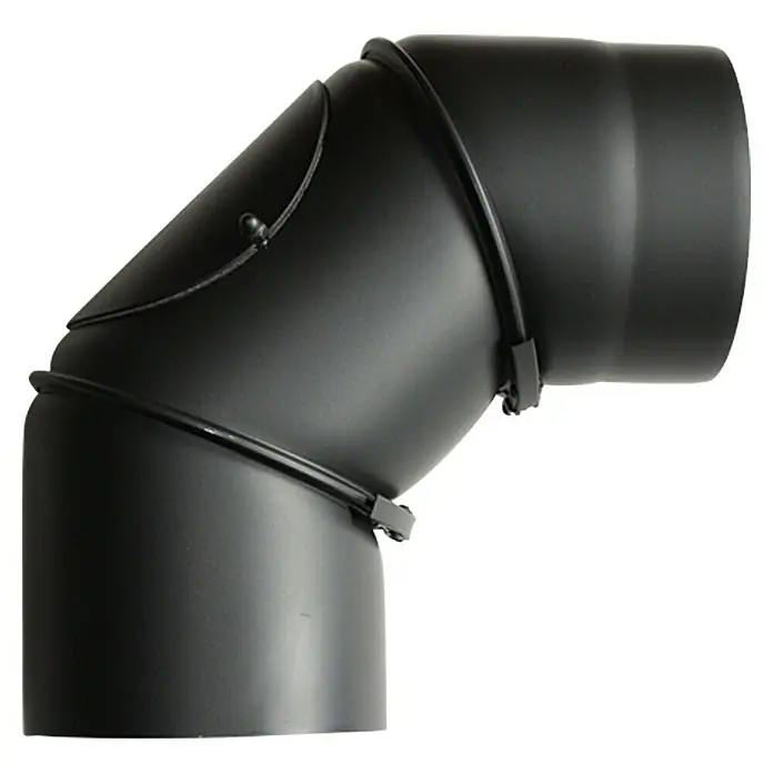 Bertrams Ofenrohrbogen - Durchmesser: 150 mm, Bogenwinkel: 0 ° - 90 °, Drehbar, Senotherm lackiert, Schwarz Metallic - Dieses Bild zeigt ein gebogenes, mattschwarzes Ofenrohr mit Rohrschellen. Das Rohr ist ideal für den Anschluss an Kaminöfen und andere Heizsysteme geeignet.