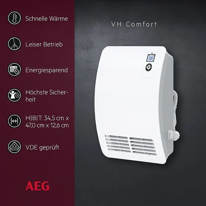AEG Heizlüfter Bad VH Comfort Wandmontage - 2.000 W, Alpinweiß, IP24 - Weißes, wandmontiertes AEG Elektroheizgerät mit Digitalanzeige und Bedienelementen, unten mit Lüftungsschlitzen.