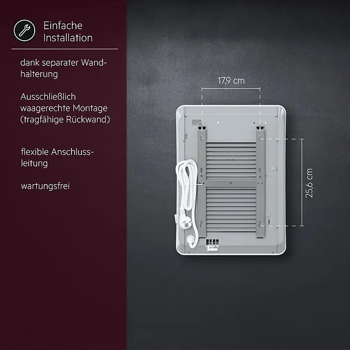 AEG Heizlüfter Bad VH Comfort Wandmontage - 2.000 W, Alpinweiß, IP24 - Rückseite eines weißen rechteckigen Elektrogeräts mit grauer Metallhalterung und weißem Netzkabel. Maße: 17,9 cm breit, 25,6 cm hoch.