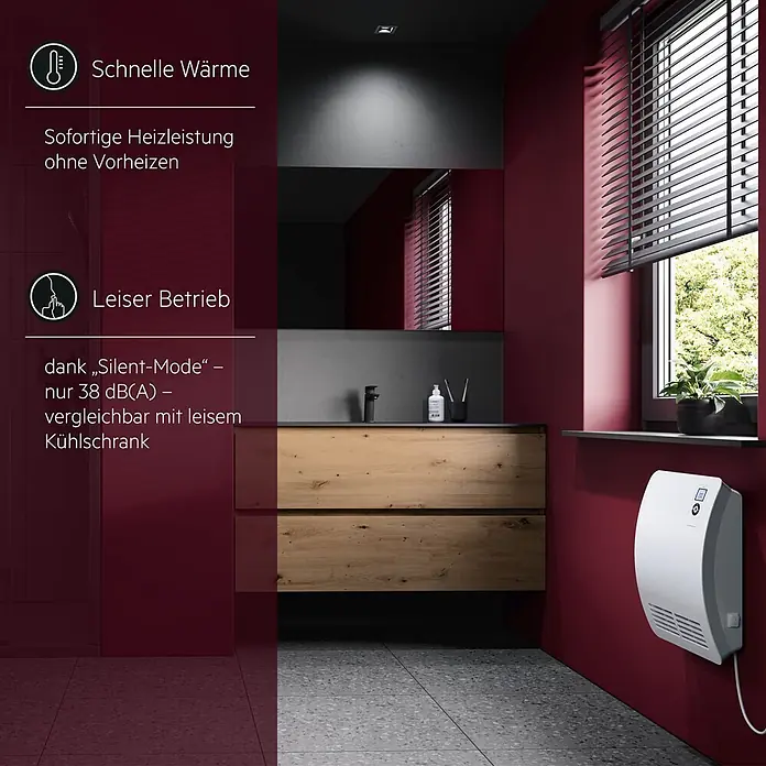 AEG Heizlüfter Bad VH Comfort Wandmontage - 2.000 W, Alpinweiß, IP24 - Weißer Wandheizer mit Digitalanzeige in einem modernen roten Badezimmer.