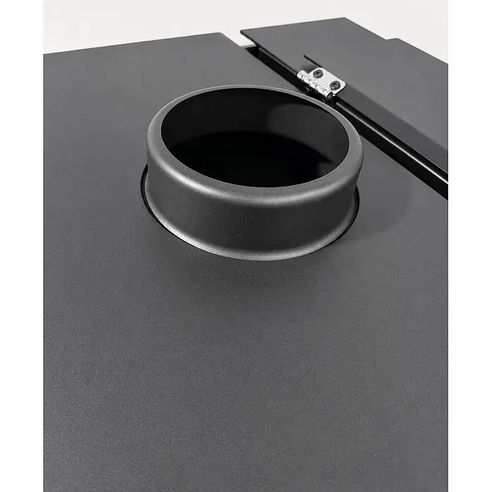 Estufa de leña y pellets con horno Lucerna - 8,1 kW - 10,45 kW, Volumen de calefacción: 300 m³, Antracita - Placa superior de estufa de metal gris mate con cuello de chimenea circular y sección con bisagra.
