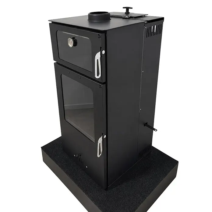 Estufa de leña y pellets con horno Lucerna - 8,1 kW - 10,45 kW, Volumen de calefacción: 300 m³, Antracita - Estufa de leña de metal negro con dos puertas de cristal, horno superior con termómetro y hogar inferior, para calentar y cocinar.