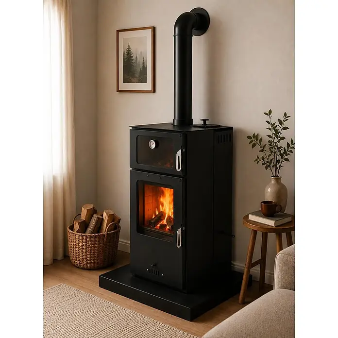 Estufa de leña y pellets con horno Lucerna - 8,1 kW - 10,45 kW, Volumen de calefacción: 300 m³, Antracita - Estufa de leña negra con fuego visible en la cámara inferior y horno con termómetro arriba, en un ambiente acogedor.