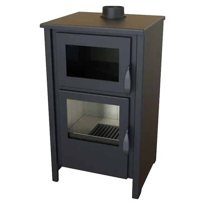 Estufa de leña con horno Moon - 9,7 kW - 12,44 kW, Volumen de calefacción: 240 m³, Negro - Estufa de leña gris oscuro con dos puertas, ambas con ventana de cristal, la inferior para cenizas, y un tubo de humos superior.