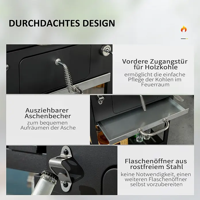 Outsunny Holzkohlegrill - Grillfläche (B x T): 40 x 29 cm, Durchmesser Grillfläche: 49 cm, Schwarz