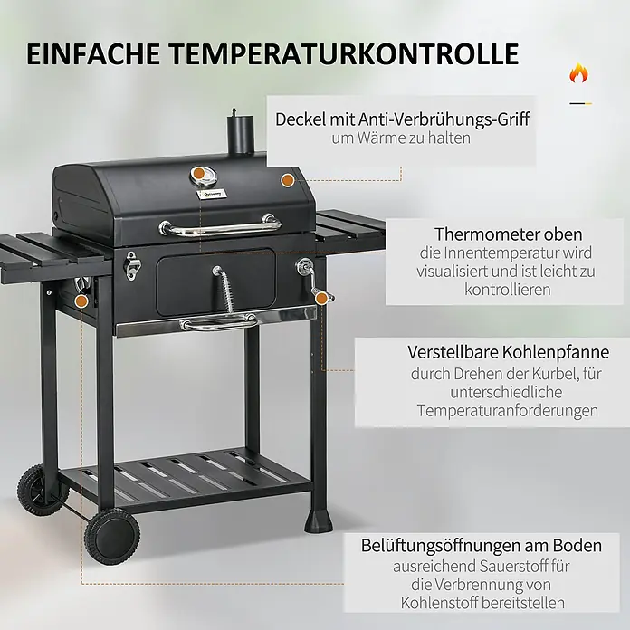 Outsunny Holzkohlegrill - Grillfläche (B x T): 40 x 29 cm, Durchmesser Grillfläche: 49 cm, Schwarz