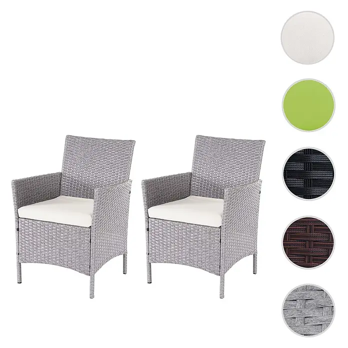 Mendler Gartenstuhl-Set - 2 Stk., Polyrattan, Grau, B x T x H: 59 x 60 x 83 cm - Zwei graue Polyrattan-Gartenstühle mit cremefarbenen Kissen und Farb-/Materialmustern.