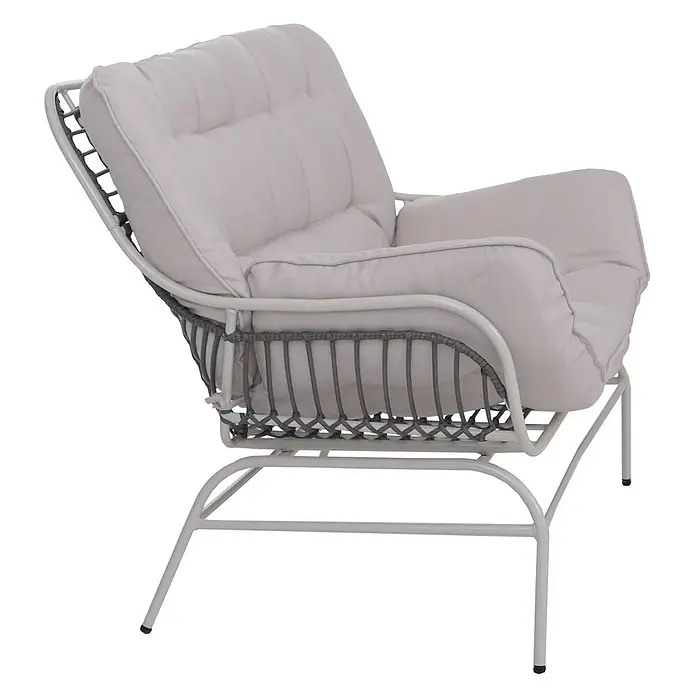 2er Gartensofa | Sofa Gartenbank Couch 2-Sitzer | Stoff 220g/m2 Poly-Rattan Metall | Hellgrau | Polster Beige -  - Outdoor-Lounge-Sessel mit weißem Metallgestell, grauem Geflecht und dicken hellgrauen Kissen.