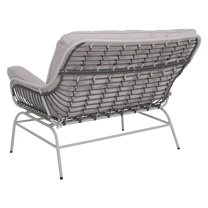 2er Gartensofa | Sofa Gartenbank Couch 2-Sitzer | Stoff 220g/m2 Poly-Rattan Metall | Hellgrau | Polster Beige -  - Hellgraues Outdoor-Zweisitzer-Sofa mit dunkelgrau geflochtener Rückenlehne und Sitzkissen.