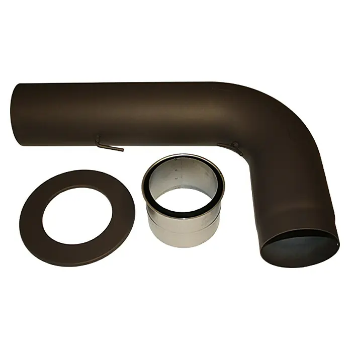 Kaminrohr-Set - Durchmesser: 150 mm, Gezogen, Schwarz - Das Bild zeigt ein Ofenrohr-Set, bestehend aus einem Winkelstück, einer Rosette und einer Muffe, ideal für den Anschluss an Holzöfen.