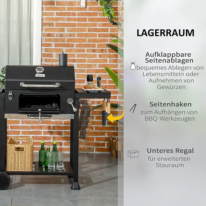 Outsunny Holzkohlegrill - Grillfläche (B x T): 40 x 29 cm, Durchmesser Grillfläche: 49 cm, Schwarz