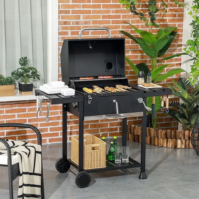 Outsunny Holzkohlegrill - Grillfläche (B x T): 40 x 29 cm, Durchmesser Grillfläche: 49 cm, Schwarz