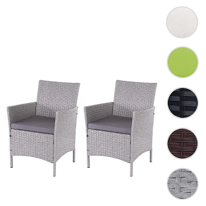 Mendler Gartenstuhl-Set - 2 Stk., Polyrattan, Grau, B x T x H: 59 x 60 x 83 cm - Zwei graue Korbsessel mit Kissen, plus Material- und Farbtafeln.