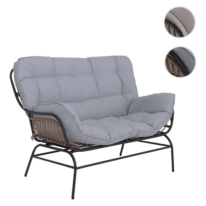 2er Gartensofa | Sofa Gartenbank Couch 2-Sitzer | Stoff 220g/m2 Poly-Rattan Metall | Dunkelgrau | Polster Hellgrau -  - Bequemes Zweisitzer-Sofa mit schwarzem Metallrahmen, braunen Rattan-Details und weichen grauen Steppkissen.