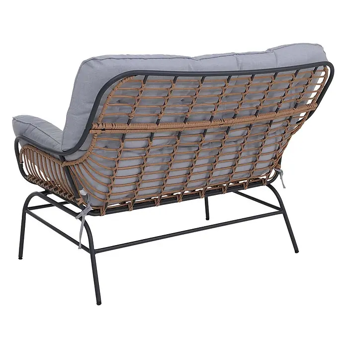 2er Gartensofa | Sofa Gartenbank Couch 2-Sitzer | Stoff 220g/m2 Poly-Rattan Metall | Dunkelgrau | Polster Hellgrau -  - Zweisitzer-Gartensofa mit grauen Kissen, braunem Rattan-Geflecht und schwarzem Metallgestell.
