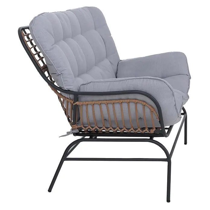 2er Gartensofa | Sofa Gartenbank Couch 2-Sitzer | Stoff 220g/m2 Poly-Rattan Metall | Dunkelgrau | Polster Hellgrau -  - Hellgrauer Polstersessel mit schwarzem Metallrahmen und geflochtenen Rattan-Akzenten, für Komfort konzipiert.