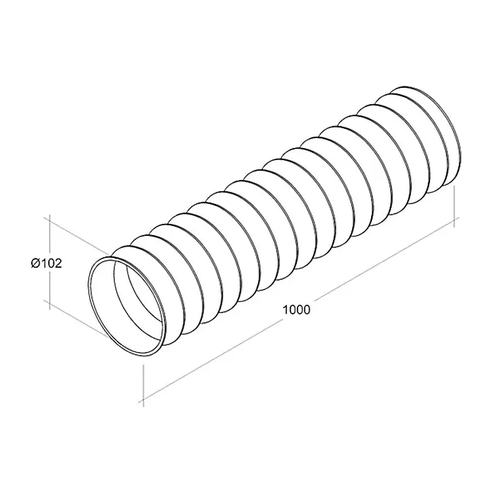 Air-Circle Lüftungsschlauch - Ø x L: 100 mm x 1 m, Max. Luftleistung: 300 m³/h - Abbildung eines flexiblen Rohres mit einem Durchmesser von 102 mm und einer Länge von 1000 mm.