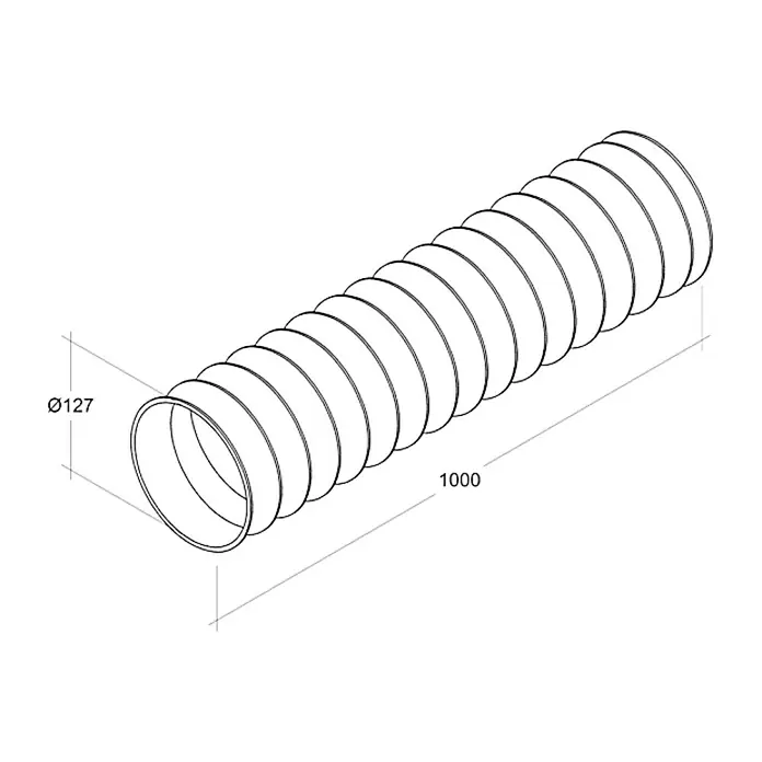 Air-Circle Lüftungsschlauch - Ø x L: 125 mm x 1 m, Max. Luftleistung: 600 m³/h - Abbildung eines flexiblen Rohrs mit einem Durchmesser von 127 mm und einer Länge von 1000 mm.